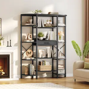HOOBRO 5-Tier Tall Bookshelf, Industrial Bookcase with 12 Open Shelves and Fabric Drawer, Freestanding Storage Rack, Display Shelf, Triple Book Shelf for Living Room, Home Office, Black #SummerVibes