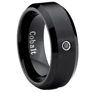 Black Cobalt Ring Men's Wedding Band with 0.04 Real Black Diamond 8MM