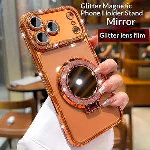 Applicable to IP17PROMAX/16/15/14/13 Phone Case Glitter Women's Makeup Mirror Magnetic Stand Rhinestone Luxury Protective Cover