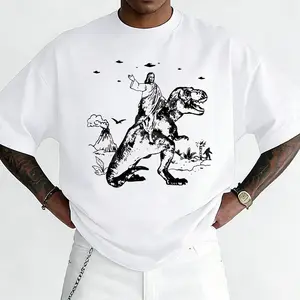 Jesus Riding Dinosaur T Shirt Funny Shirt for Men  Guys Offensive Tshirt Cool T-rex Graphic Crazy Retro UFO Tee,Men's Funny Jesus Riding T-Rex Graphic T-Shirt with UFO  Print - Absurd  Short Sleeve