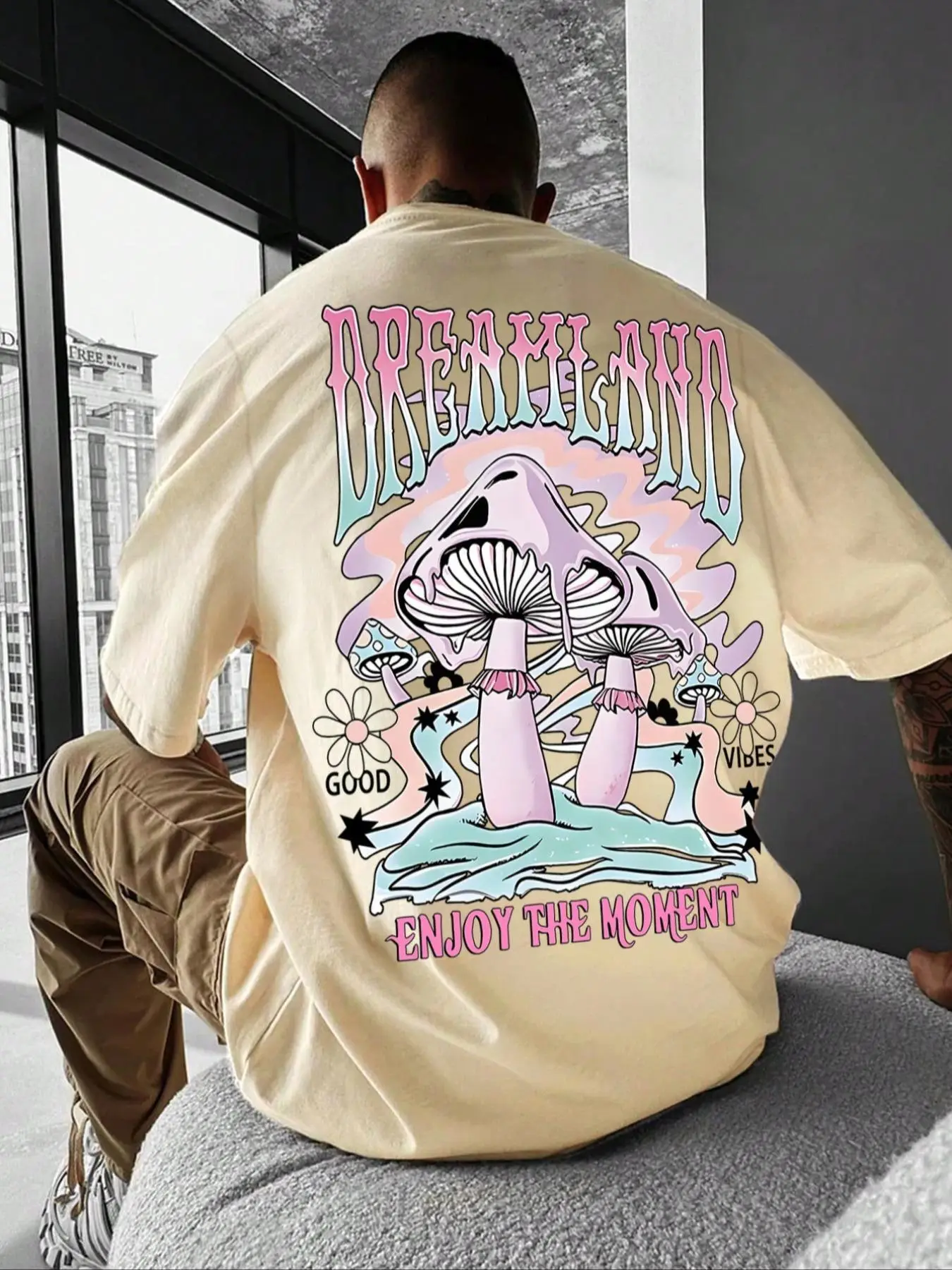 Men's Cartoon Mushroom Print Round Neck Tee, Regular Fit Casual Drop Shoulder Half Sleeve Graphic T-shirt, Graphic Tees, Streetwear, Summer Top for Da