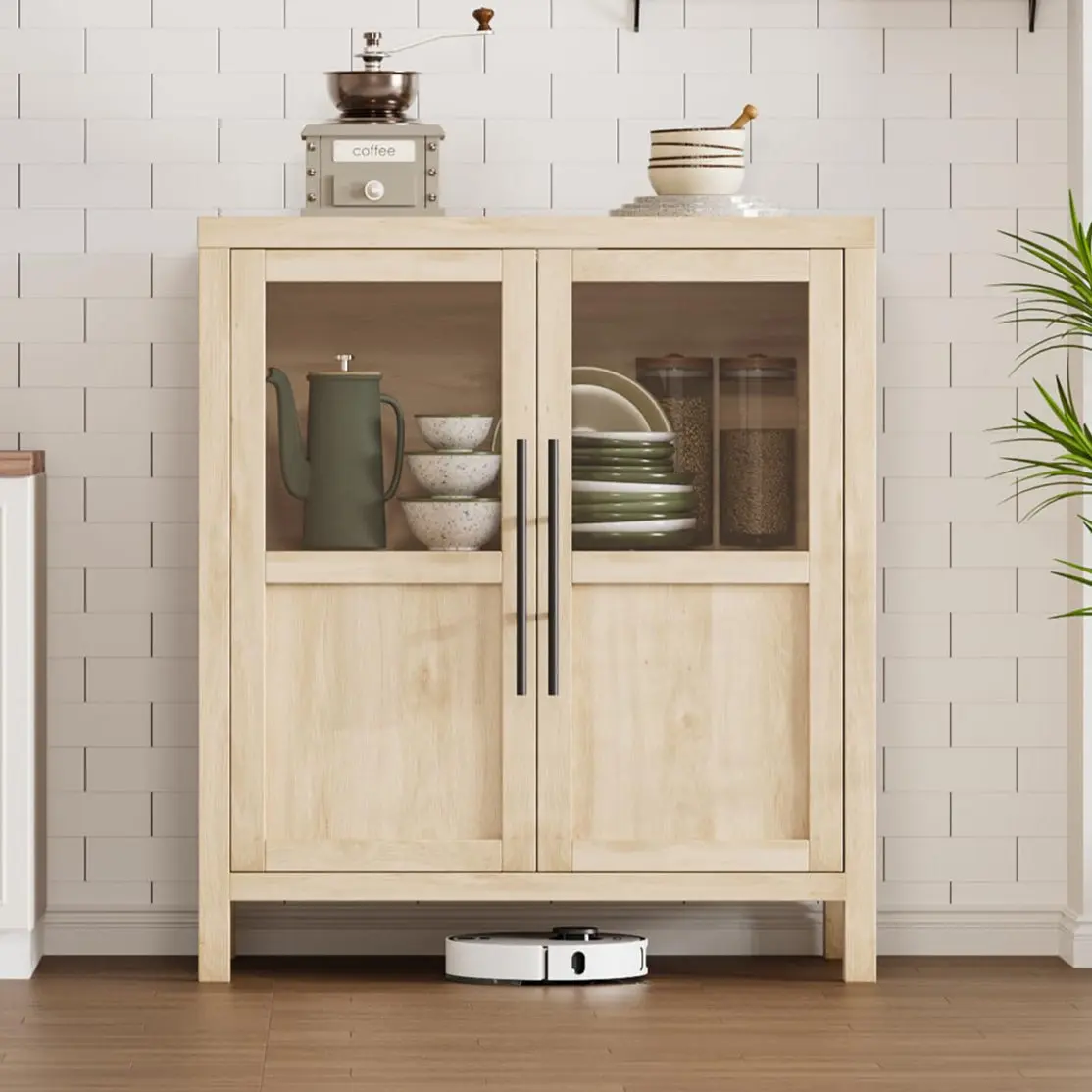 【GARVEE】Sideboard Buffet Cabinet with 2 Glass Doors, 29" Large Modern Farmhouse Storage Cabinet Table for Kitchen, Dining Room, and Living Room, Available in Pear Wood and White Finishes
