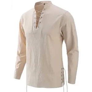 Mens Pirate Shirts Renaissance Viking Steampunk Medieval Lace Up Long Sleeve Gothic Celtic Hippie Victorian Costume