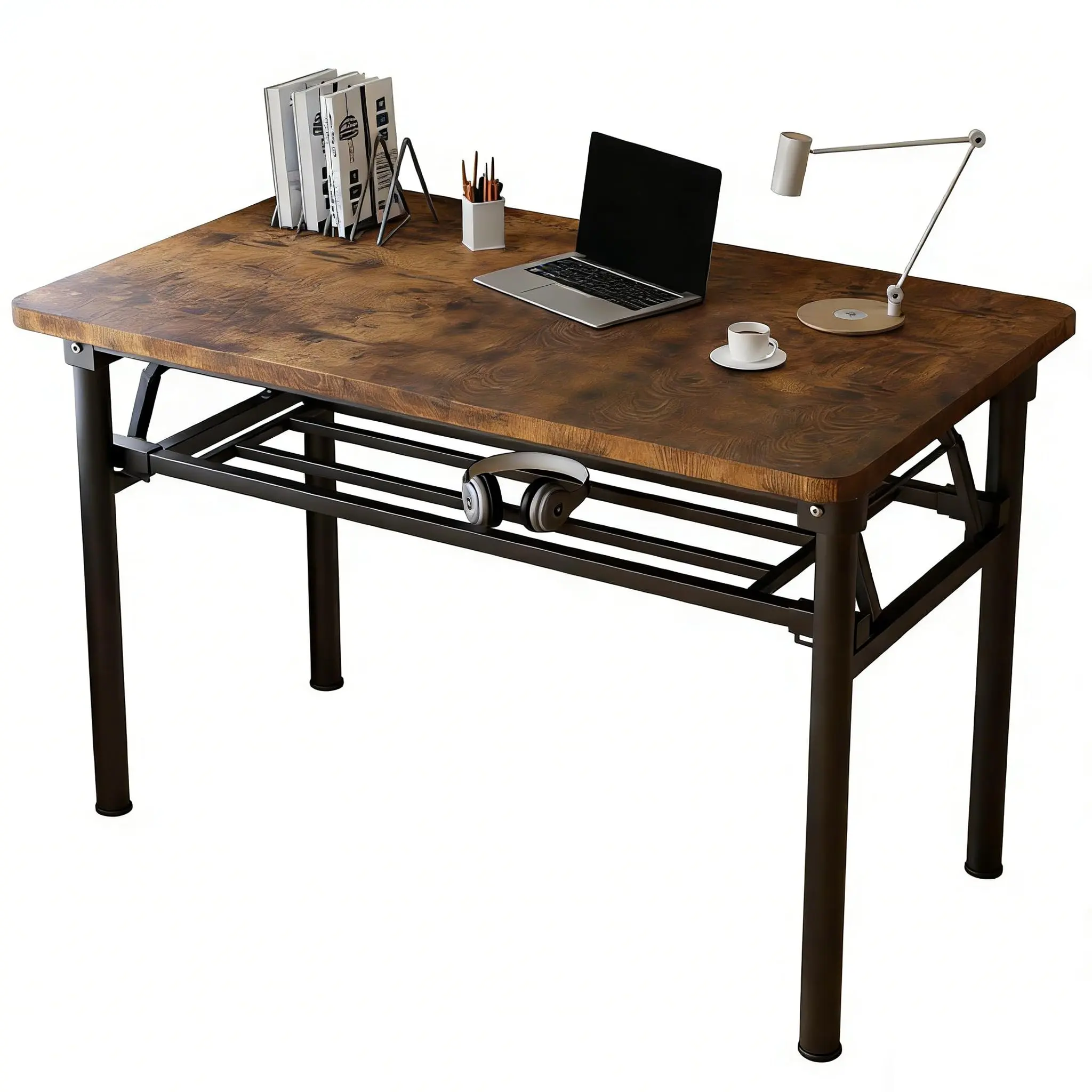 HDOFM Foldable Computer Desk, Space Saving Collapsible Work Table 80/100/120cm Modern Style Wood Metal Frame Writing Desk for Office Bedroom Balcony Apartment Study Room