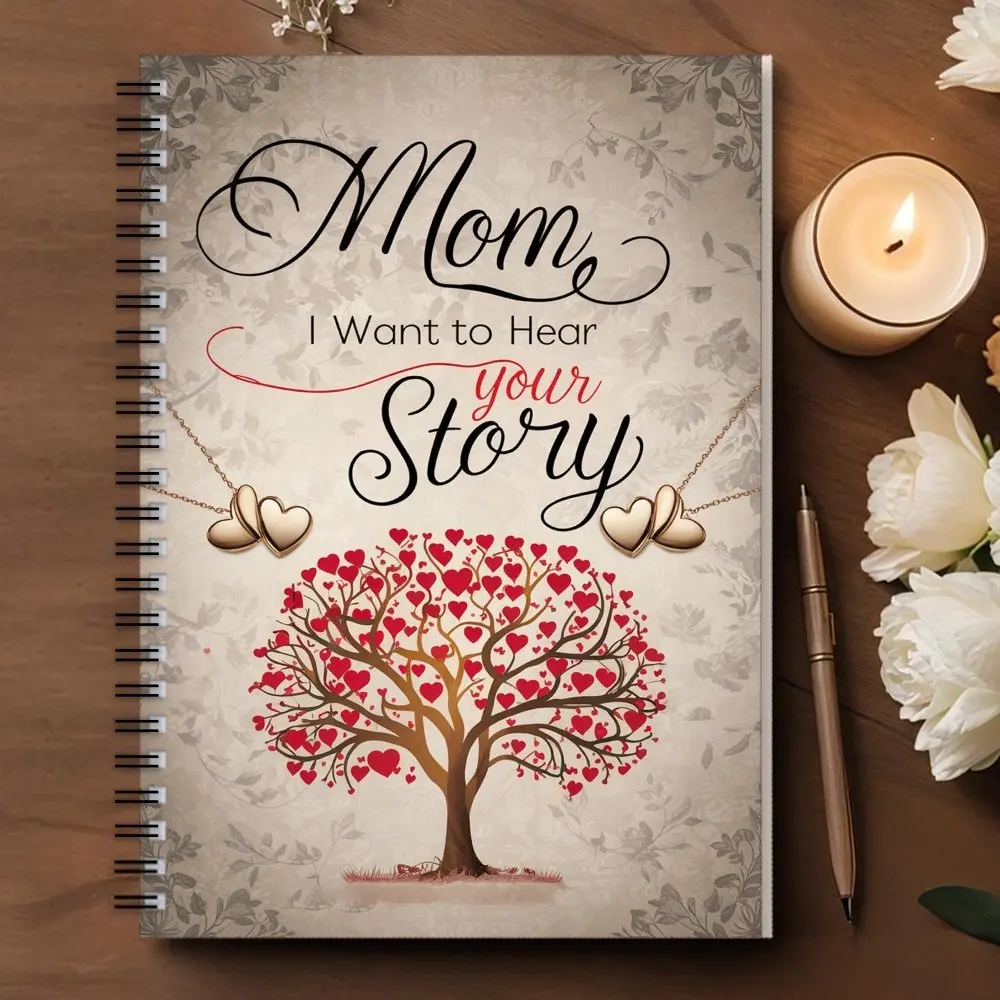 Guided Memory Spiral Notebook - "Mom, I Want to Hear Your Stories" Themed, Heart Tree Design with Red-Brown Heart Patterns, High-Quality Paper, Elegant Durable Cover, Ideal for Mother’s Day, Birthday Gifts (Office Stationery)