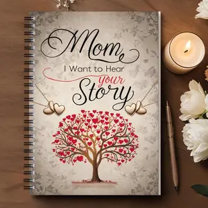Guided Memory Spiral Notebook Journal - 1 pc, "Mom, I Want to Hear Your Story" Theme, Heart Tree Design with Red & Brown Hearts, High-Quality Paper, Elegant Durable Cover, Ideal Mother’s Day/Birthday Gift for Family Story Preservation