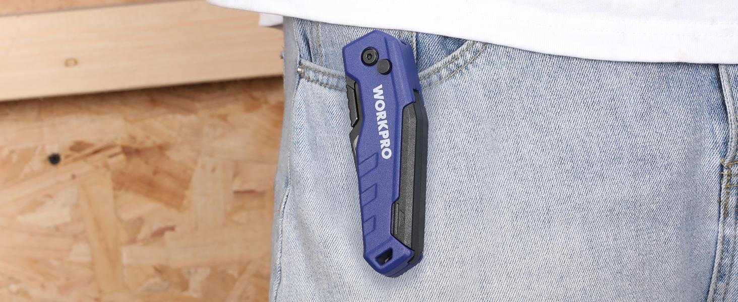 #fathersdaygift WORKPRO Folding Utility Knife, Quick Change Box Cutter, Razor Knife for Cartons, Cardboard, Boxes, Blade Storage in Aluminum Handle, 13 Extra Blades Included (Blue) #fathersdaygift WORKPRO Folding Utility Knife, Quick Change Box Cutter, Razor Knife for Cartons, Cardboard, Boxes, Blade Storage in Aluminum Handle, 13 Extra Blades Included (Blue)