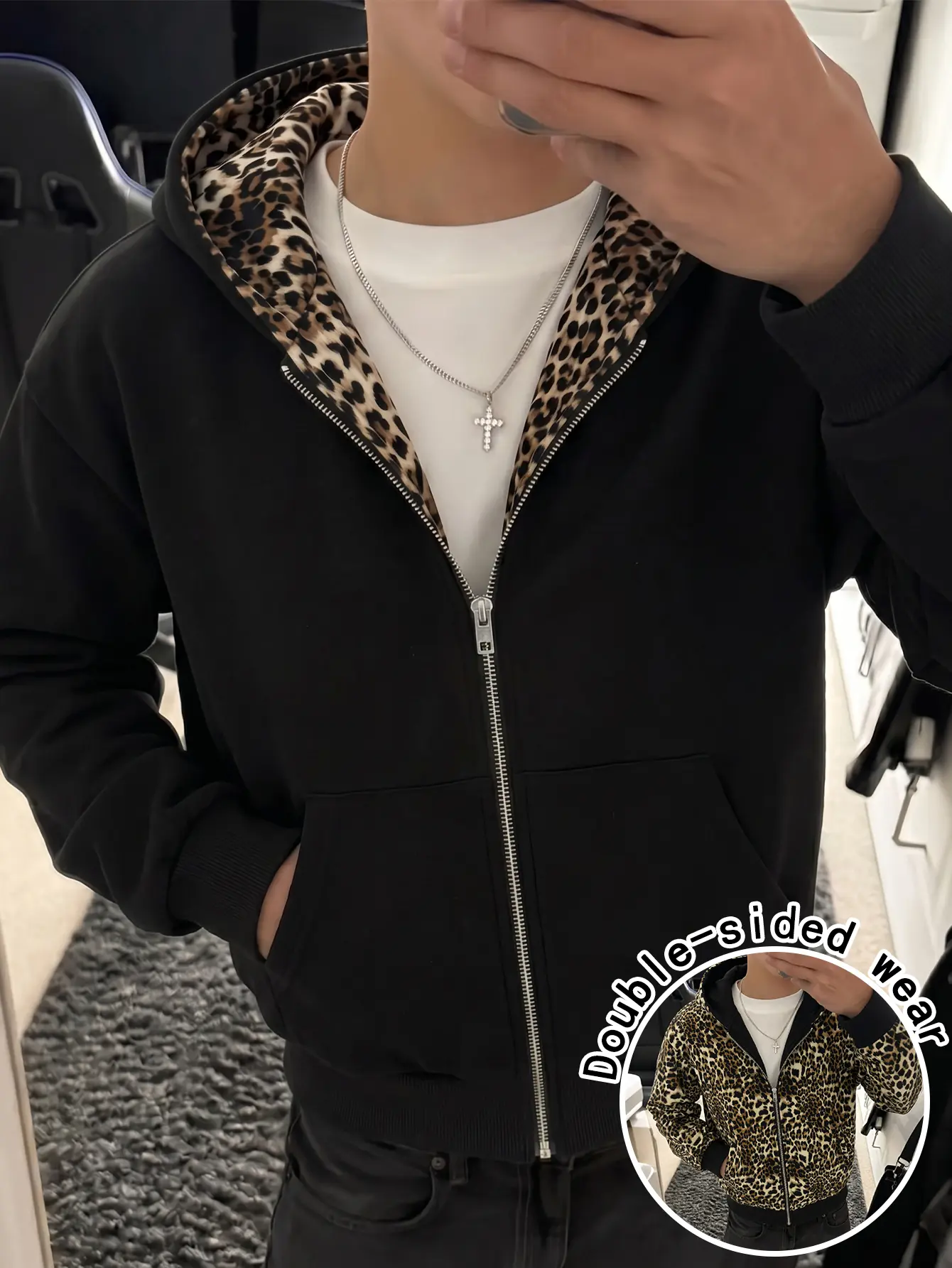Men’s cotton zip-up hoodie, solid color outer layer with leopard print lining for reversible wear, loose long sleeves, street casual jacket with pockets