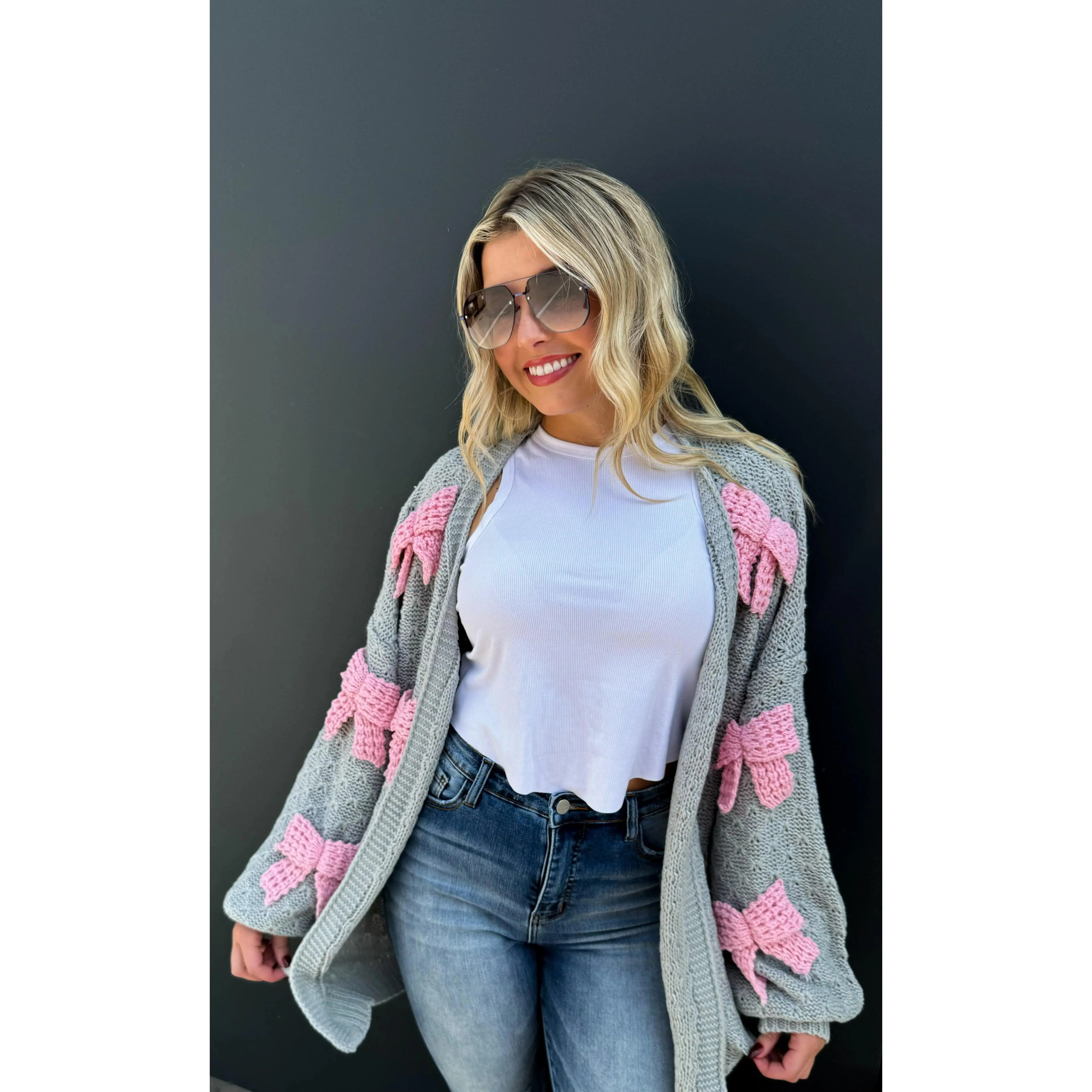 Bow Knit Cardigan - Grey with Pink Ribbons`