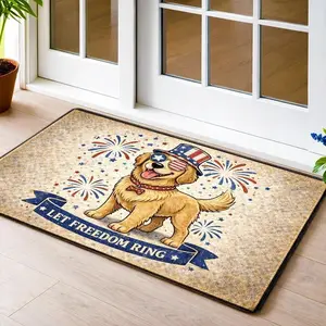 American Independence Day Themed Absorbent Area Mat with Puppies & Fireworks Artful Motif, Machine Washable Artwork Doormat for Living Room, Bathroom, Entryway, Absorbent Doormats, Area Mat Doormats