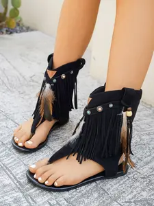 Boho Style Women's Flat Sandals, Ethnic Western Design, Adjustable Strap Sandals, Lace-Up Closure, Comfortable & Stylish Footwear for Daily Wear, Bohemian Style Sandals