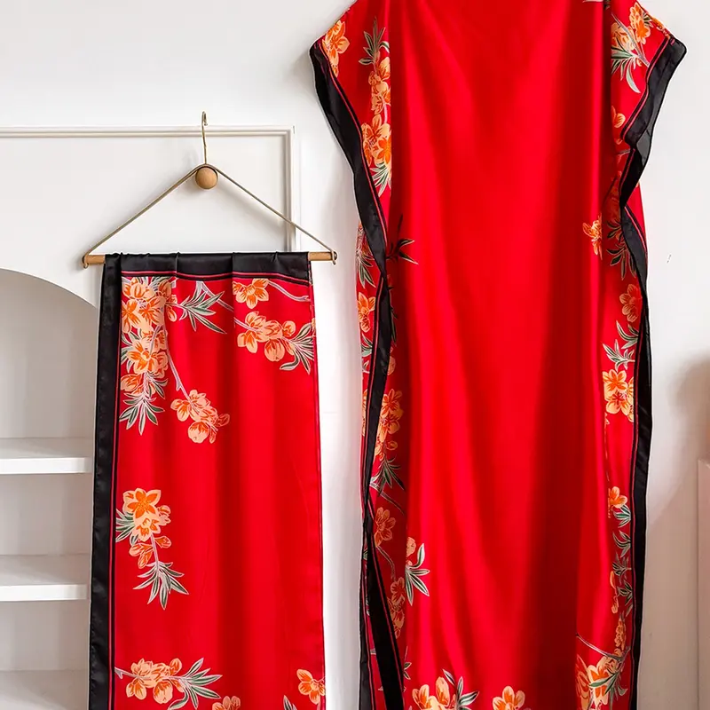 Elegant Boho Floral Print Cape Dress Set, Long Sundress + Headscarf Scarf, Sun Protection Beachwear for Women, All-Season Fitted Style, Boho Printed Floral