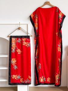 Elegant Long Robe Set with Multicolor Floral Print Shawl, Moomoo Dress + Headscarf Silk Scarf, Boho Style Beachwear for All Seasons