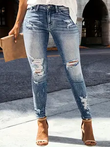 Women's Elegant Solid Color Ripped Pocket Tight Casual Plus Size Denim Jeans, Long Button Fly, Natural Waist, Plain Pattern, Casual Style, Womenswear