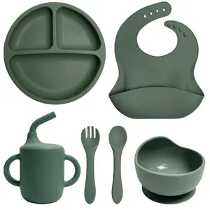 6pcs Silicone Baby Feeding Set LED Weaning Supplies with Suction Plate Sippy Cup Adjustable Bib Spoons Forks BLW Utensils Bowl Non-Toxic Safe for Toddlers