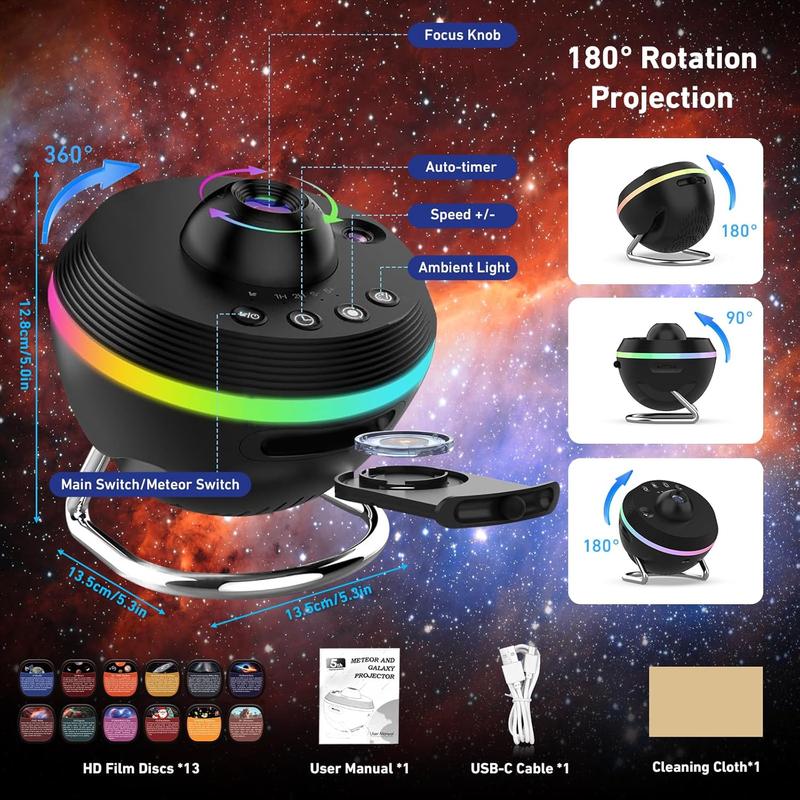 Galaxy Projector Night Light, 13 in 1 HD Planetarium Galaxy Projector for Bedroom, Star Projector Galaxy Light Projector with Timer, Meteor & 6 RGB Lighting Night Light for Kids Adults, Party Light/Home Decor