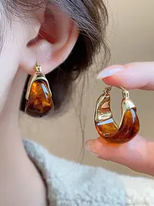 Vintage Amber Color Alloy Earrings, New Arrival Unique Luxury High-End Ear Cuffs for Women, Stylish and Elegant Jewelry Accessory