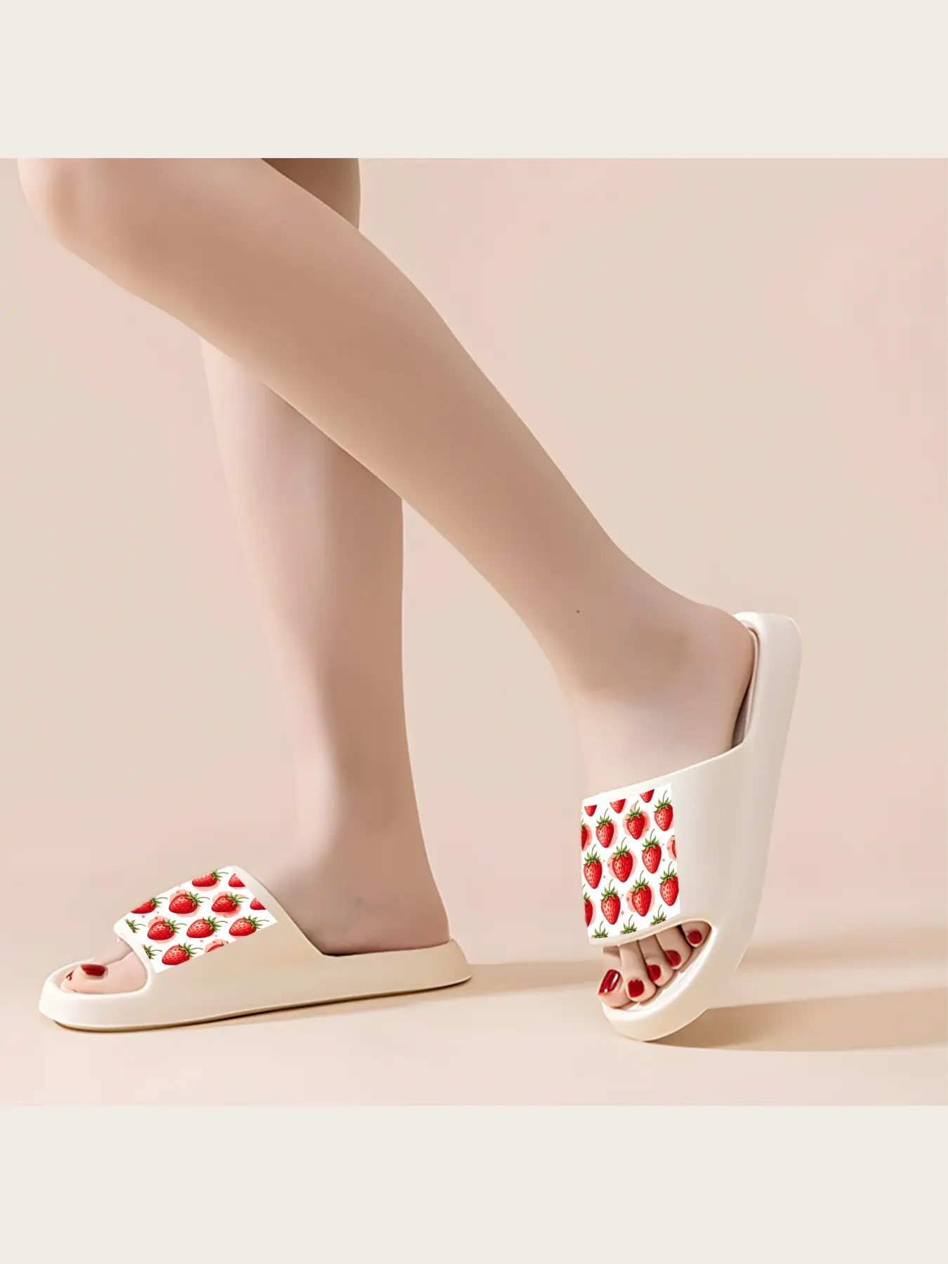 Women's Summer Strawberry Print Slippers Soft Comfortable Non-Slip Indoor Outdoor Home Garden Beach Shoes Lightweight Breathable Open Toe Sandals for Ladies Girls Fruit Pattern Footwear