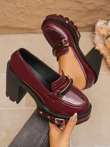 Women's Platform Heel Loafers, Slip-On Chunky Heel Shoes with Metal Buckle, Comfortable Footwear for Office, Commute, Daily Wear, Versatile and Stylish Shoes for All-Day Use