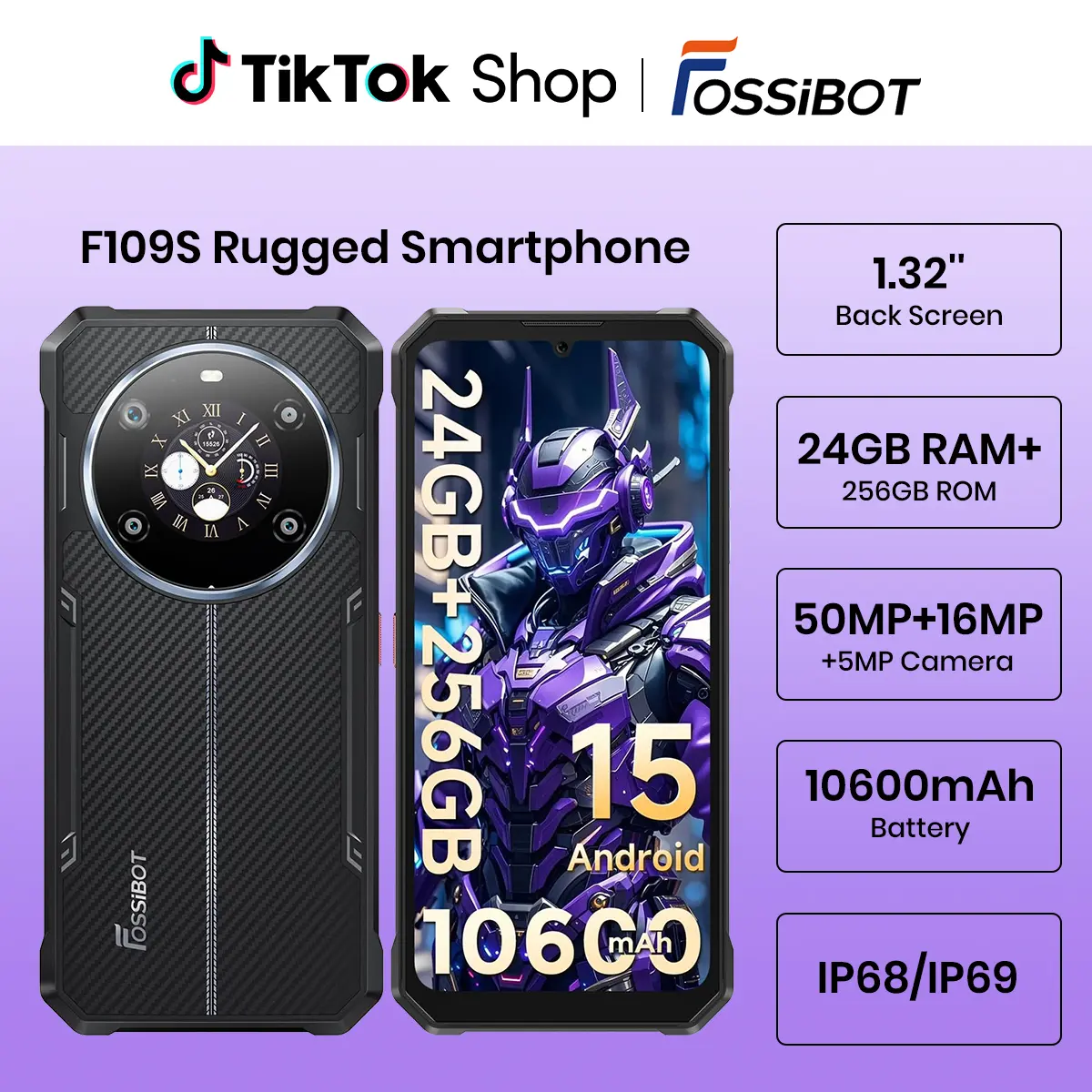 FOSSIBOT F109S Rugged Phone Unlocked(2026), 24GB+256GB/2TB Android 15 Gaming Phone, 6.75'' FHD+1.32 Dual Display, 10600mAh Battery Cell Phone,50MP+16MP+5MP Camera,Dual SIM 4G T-Mobile/IP68/IP69K/NFC