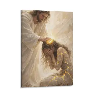 Jesus Christ Healing Woman Canvas Print - Kintsugi Style Christian Wall Art - Religious Home Decor for Living Room - Restoration & Hope Faith Painting