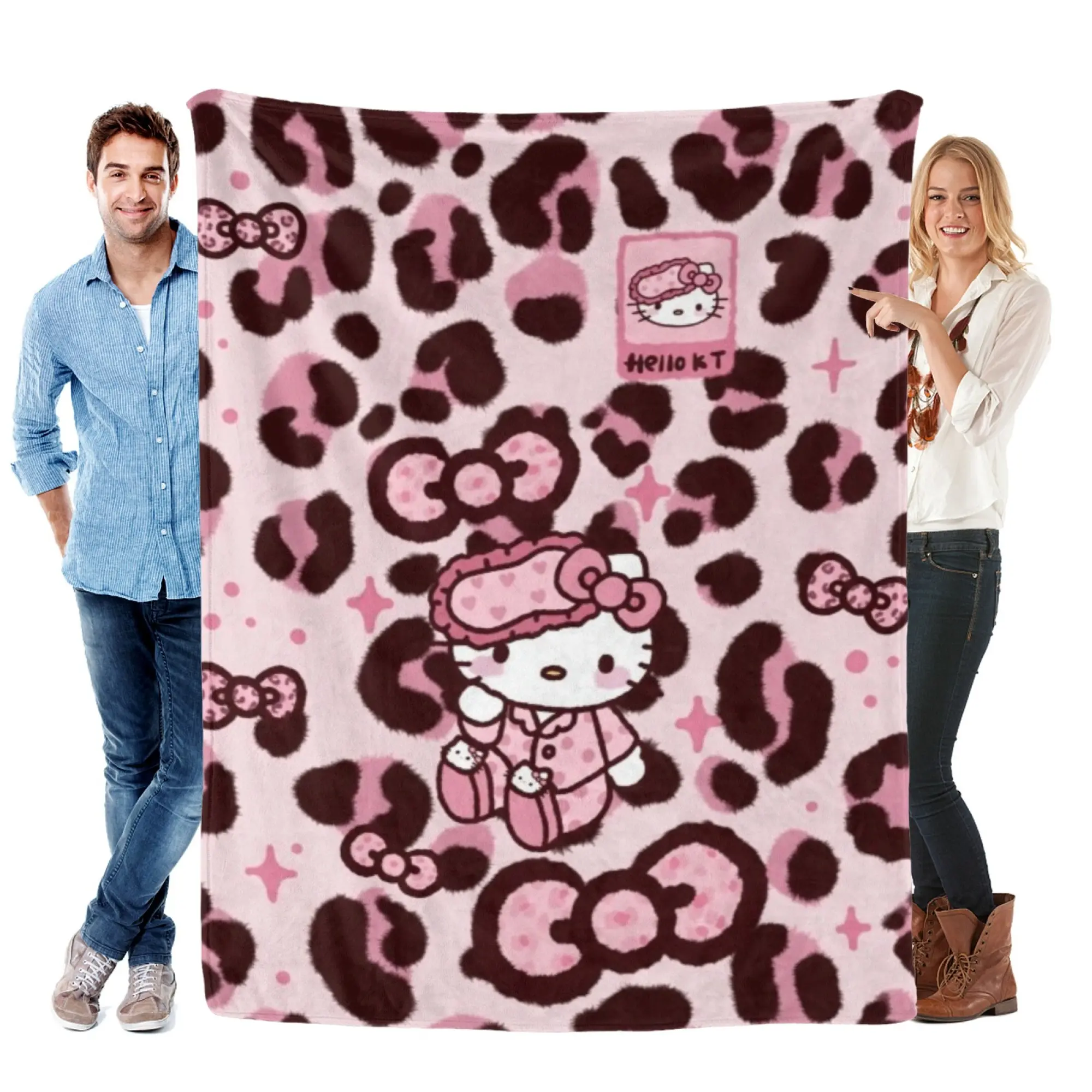 [SummerVibes] SANRIO Hello Kitty Pink Leopard Pajama Flannel Blanket - Cute 2D Cartoon Soft Cozy Fleece Throw for Sofa, Bed & Aesthetic Room Decor