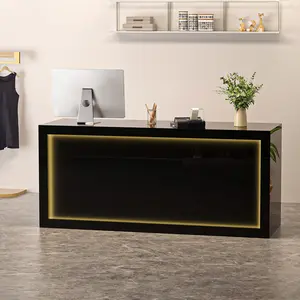 Double - position Solid Wood Reception Desk with LED Light Strip and Storage Cabinet