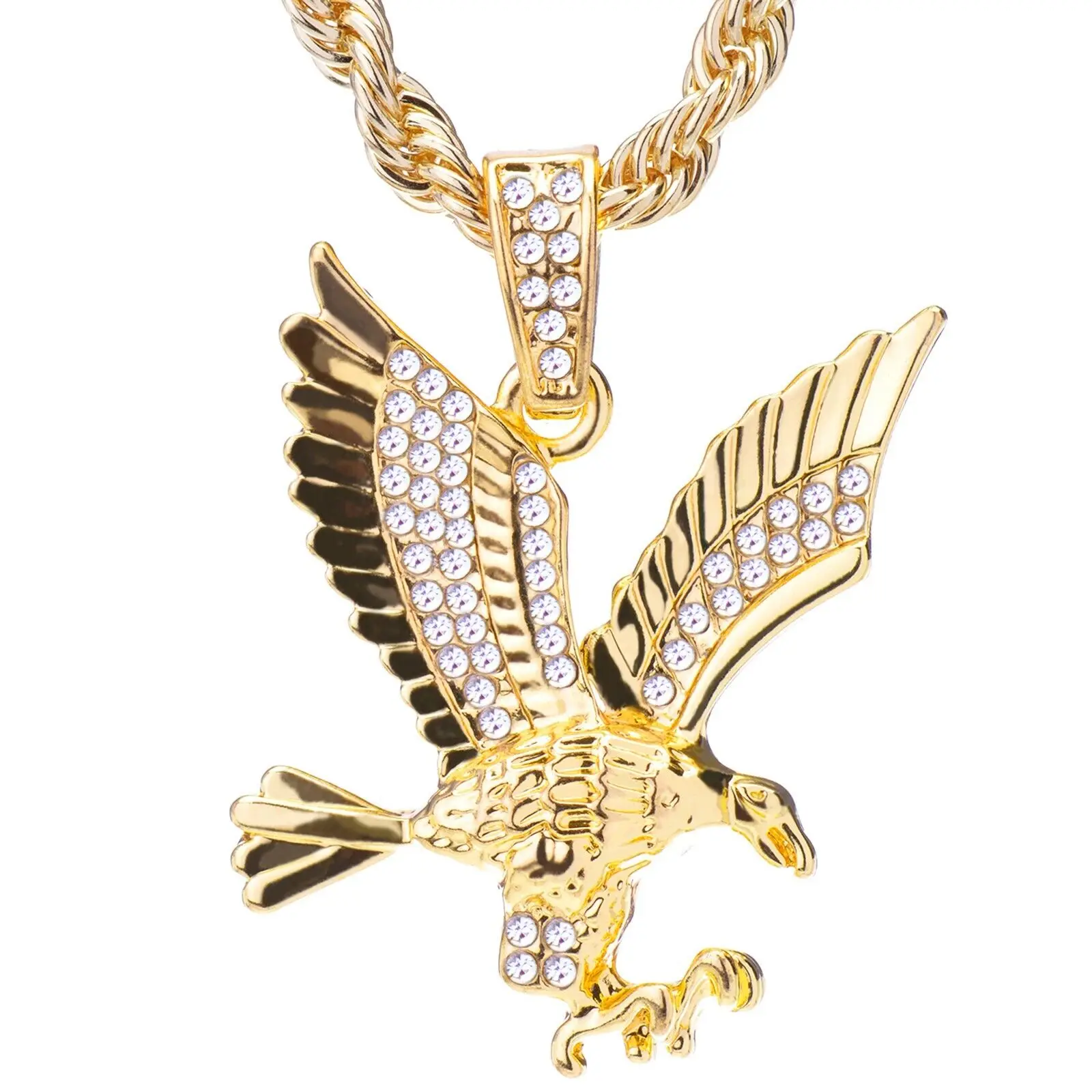 MaxBling81 Iced Out Jewelry, Unisex Eagle Pendant Necklace in Gold/Silver Plate with 4mm Rope Chain, 18-24 Inch Lengths, Rope Chain Necklaces, Trendy Jewelry