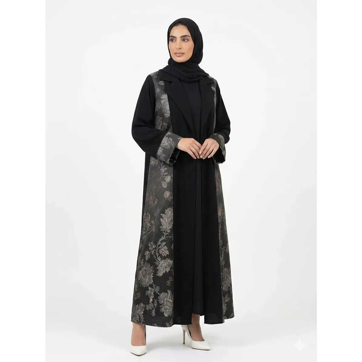Black Blazer Abaya with Floral Brocade and Cuffs