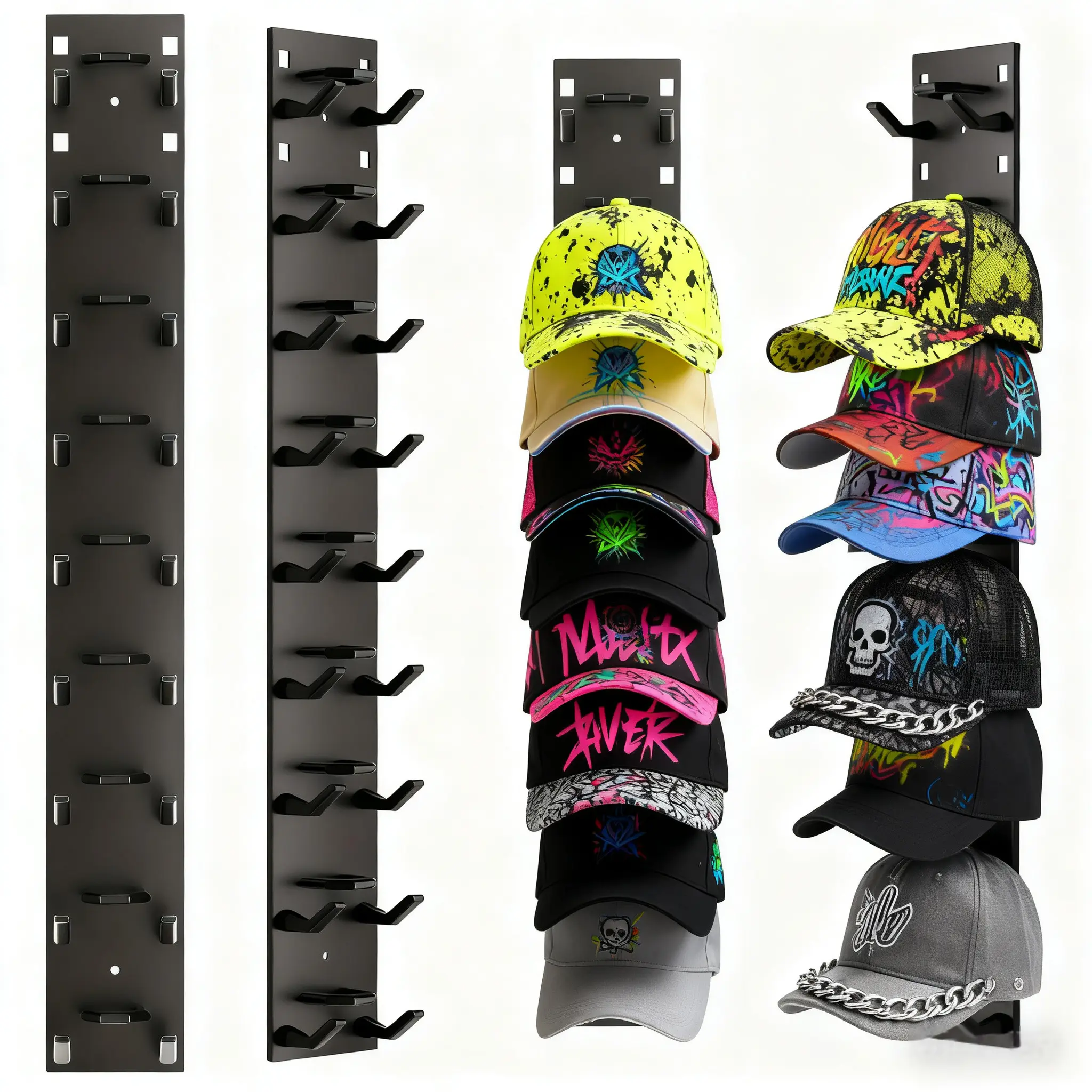 Hat Organizer Wall Mounted Baseball 2pack, with Adhesive Hooks, Can Store 18 Hats, Space-Saving, Wardrobe Door Storage Display (Black/White)