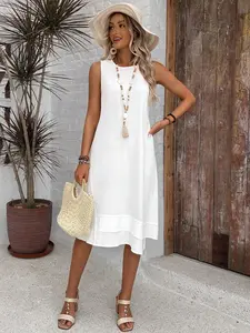 Casual Cotton Sleeveless Round Neck A-Line Dress For Summer White Dress