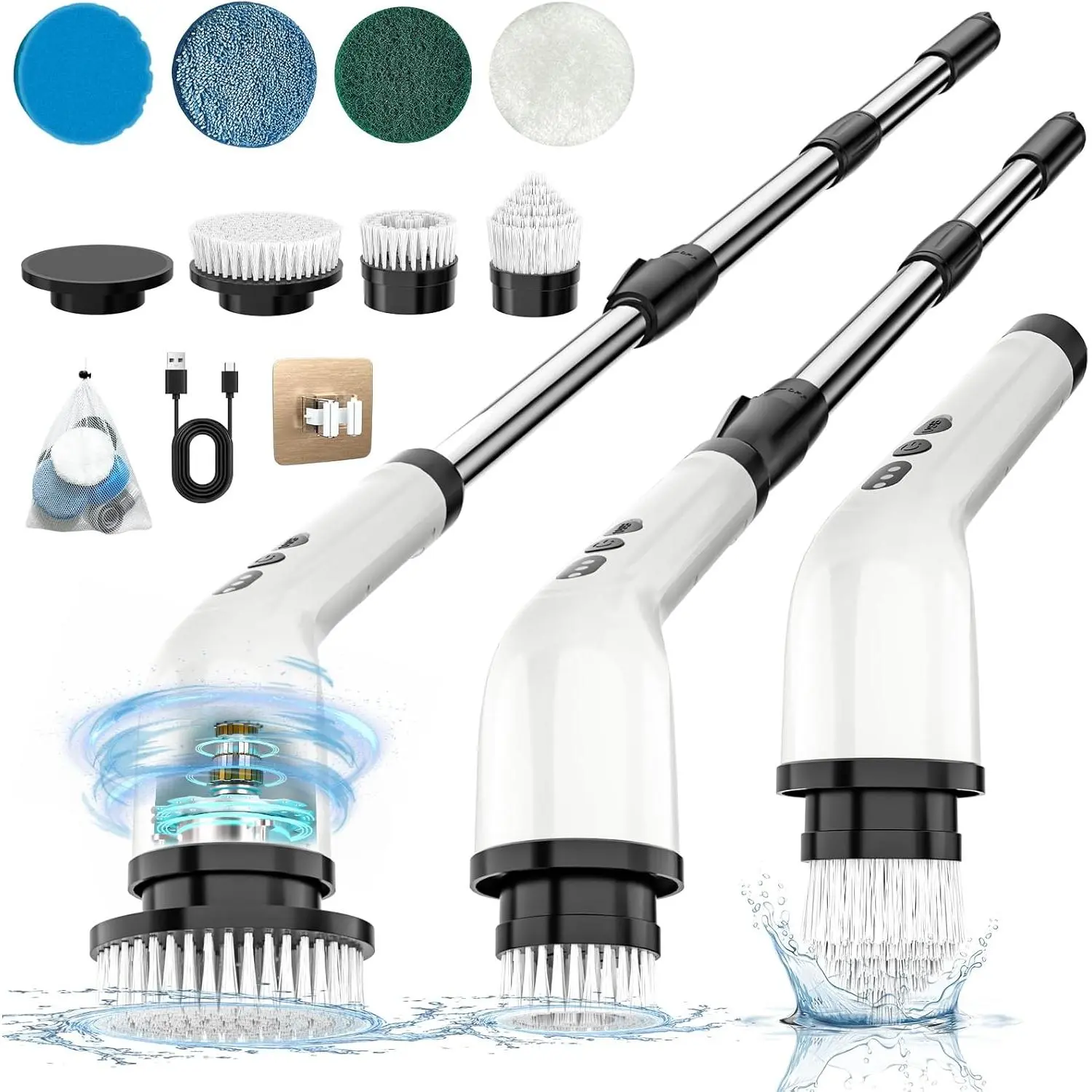 Cordless Battery-Powered Wireless Waterproof Electric Spin Scrubber with 8 Replaceable Heads, 360-Degree Dual-Speed, Extension Handle with Multiple Lengths, 3-Hour Runtime for Bathroom, Floor Tile