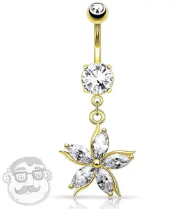Golden Floral CZ Stainless Steel Belly Button Ring