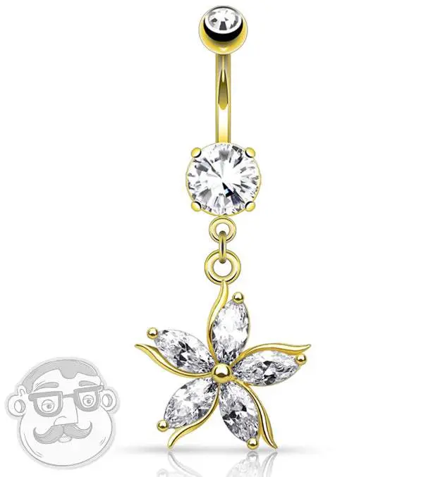 Golden Floral CZ Stainless Steel Belly Button Ring