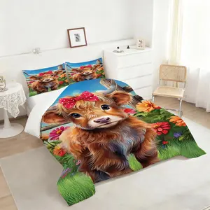2/3Pcs Healing Pastoral Style Comforter Set, Using Highland Cow Baby Bow Printed Quilted Bedding Set, Soft and Breathable, Creating A Mysterious Dark Atmosphere In The Bedroom. Includes 1 or 2 Pillowcases (Excluding Pillow Core).