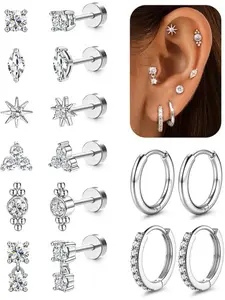 20G Hypoallergenic Flat Back Earrings Cartilage Earring Sets for Multiple Piercing Stainless Steel Earrings for Women Trendy Earring Stacks Small Huggie Hoops Flatback Stud Earrings Set Ear Studs
