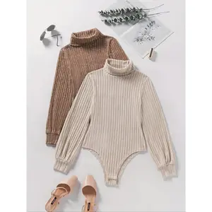 Women’s solid ribbed turtleneck bodysuit, casual fashion long-sleeve bodysuit for daily outdoor wear, women’s clothing for all seasons