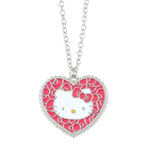 Sanrio Hello Kitty Heart Necklace - Pink Enamel Design on Silver Chain - Elegant & Adorable Charm for Any Outfit - Versatile Silver Chain - Thoughtful Gift Choice