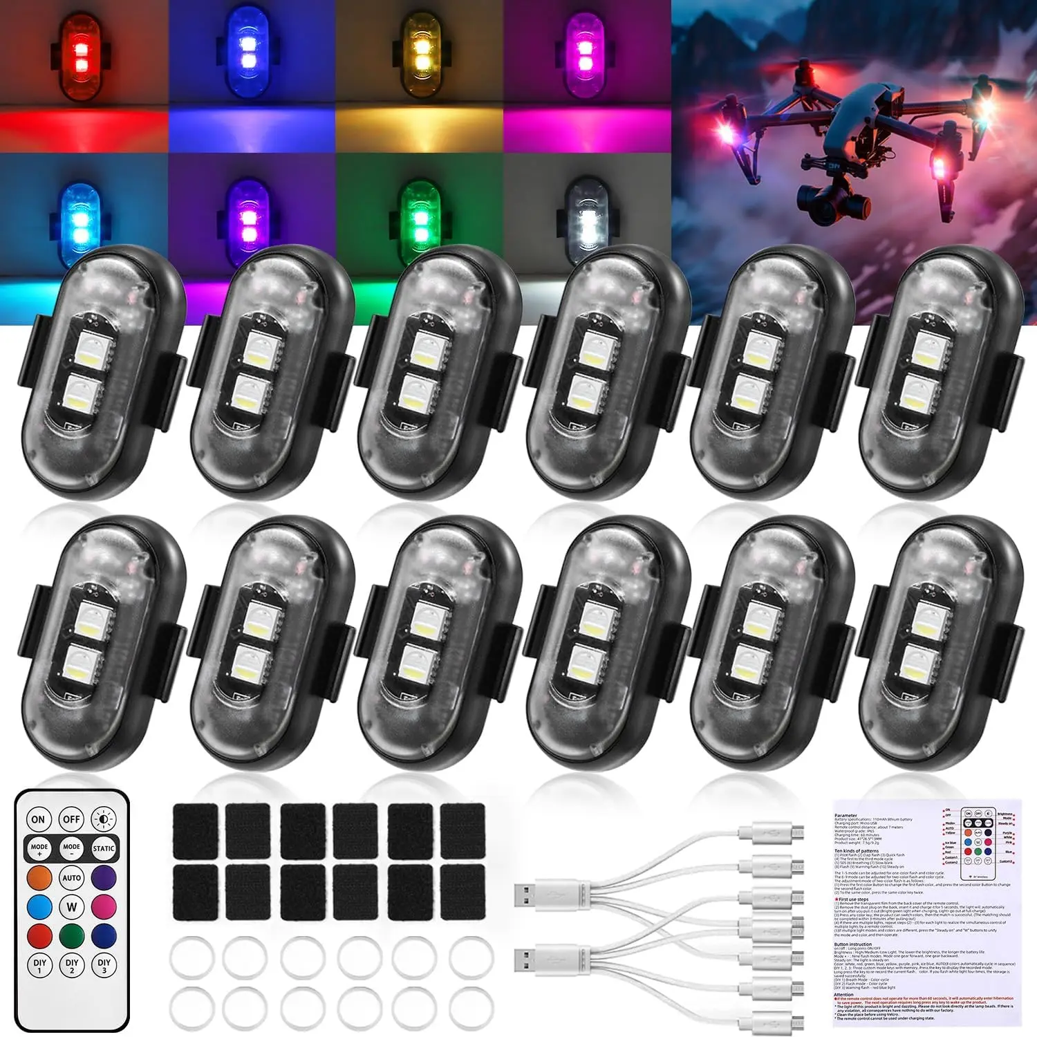 Wireless LED Lights for Car, Wireless LED Lights with Remote Control,  IP65 Waterproof USB High Brightness Anti-Collision for Car Motorcycle Truck Drone RC Aircraft Bike