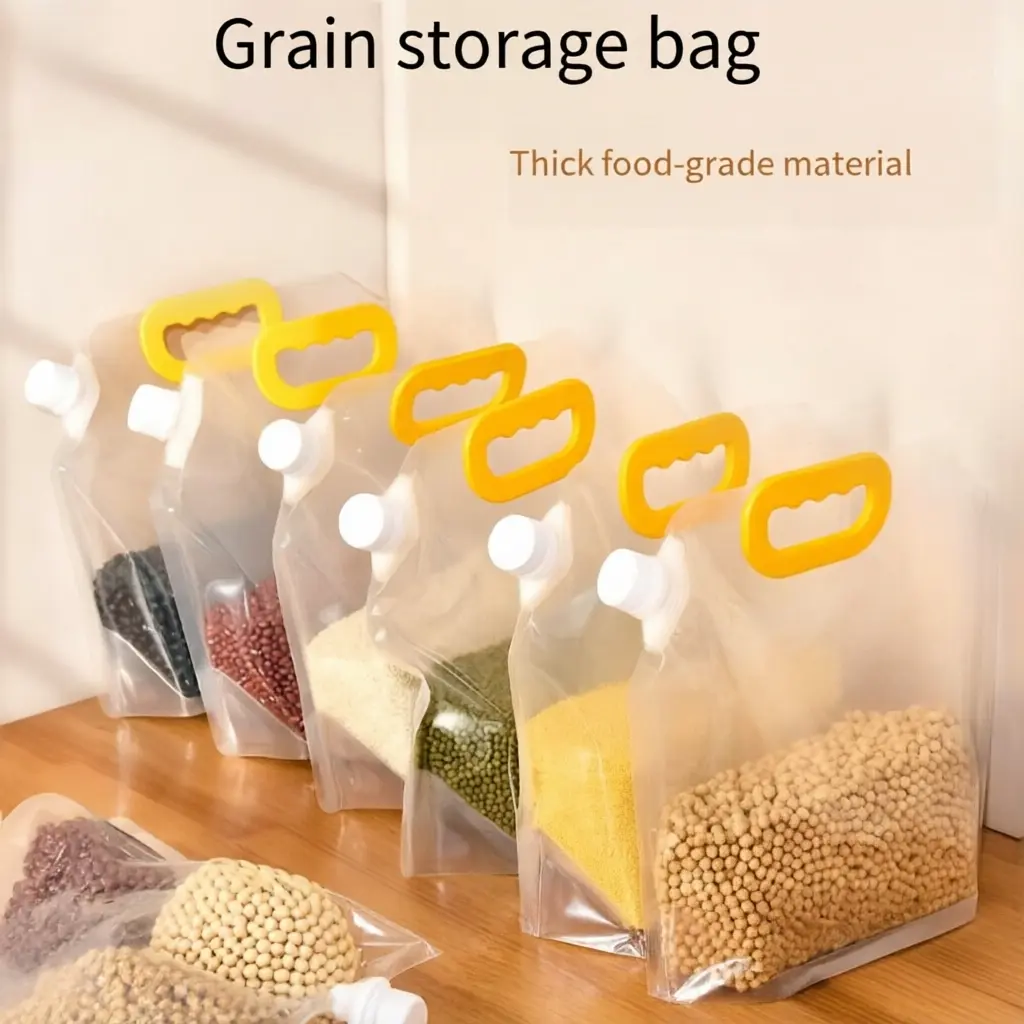 5pcs food-grade grain storage bag, self-supporting portable suction nozzle rice sub-packaging bag, kitchen Airtight sealed fresh-keeping bag, large-capacity family rice bucket replacement artifact, moisture-proof storage bag