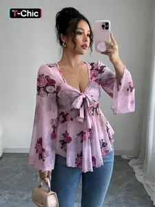 Women's Elegant Chic Floral Tie-Front Long Sleeve Top, Stylish Sweetheart Neckline Blouse Shirt for Casual Wear, Perfect for Spring & Autumn, Womenswear