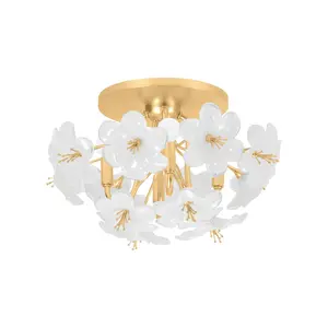 Hygea Flush Mount Ceiling Light With Cloud-Like White Glass Flowers and Gold Leaf Arms