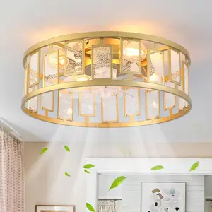 20IN Caged Ceiling Fan with Light,Flush Mount Ceiling Fan with Lights & Remote Control,Bladeless Fandelier Low Profile Ceiling Fan Light Fixture for Bedroom,Kitc