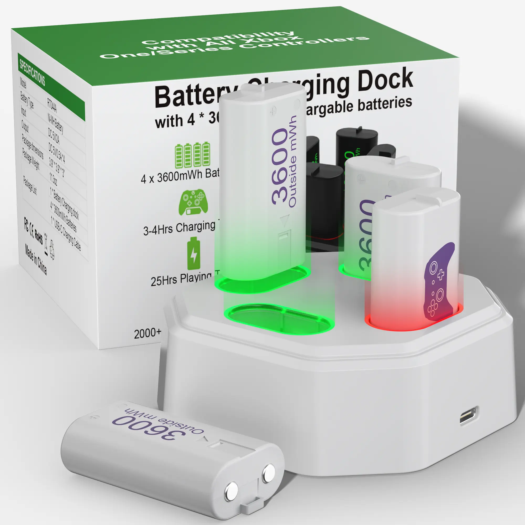 Purple Xbox Controller Rechargeable Batteries (4x3600mWh) with Fast-Charging Dock, Compatible with Xbox 1/Elite Series X-S, Long-Lasting power , LED Glow, Overheat Protection Gaming Console Accessory