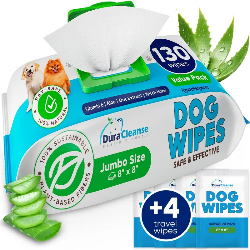 Dog Wipes for Paws and Butt - 130 Count + 4 Travel Puppy Wipes - 8" x 8" Large Dog Grooming Bath Wipes | Hypoallergenic Dog Face Wipes, Extra Thick Cleaning Deodorizing Pet Wipes for Dogs, Cats, Pets