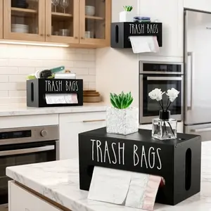 Wooden Trash Bag Dispenser,Trash Bag Holder Wall Mount,Trash Bag Roll Holder for Plastic Bags Countertop,Farmhouse Garbage Bag Holder for Kitchen Home Under Sink Laundry Room Storage (Black)