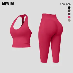 MFVIM Women’s Bare-Feel Skin-Friendly Sports Set with Crossback – High-Stretch Push-Up Tank Top for Tummy Control and Butt Lift, 5-inch Yoga/Fitness Two-Piece Set