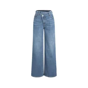 Women's Denim Asymmetrical Button Jeans - Casual Relaxed Wide-Leg Floor-Length Bottoms with Adjustable Details, Customized Fit, Plus Size Compatibility for Crop Tops