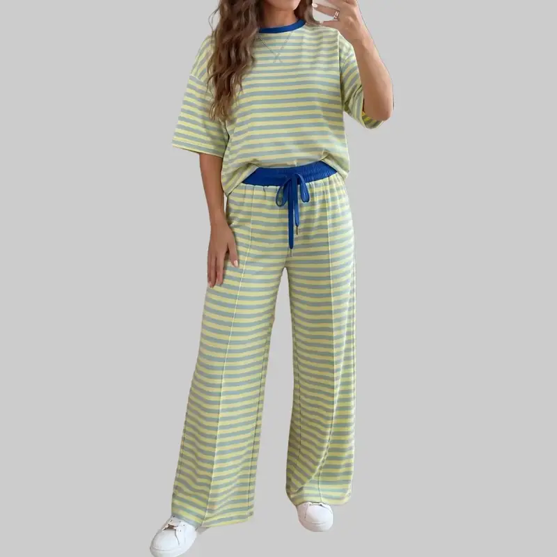 95% cotton Women‘s 2-Piece Striped Terry Short Set, Drop-Shoulder Boxy Cut Top,Soft Cotton Fabric, Breathable,2 Piece Sets Women, Matching Sets For Women, Loungewear Pajama