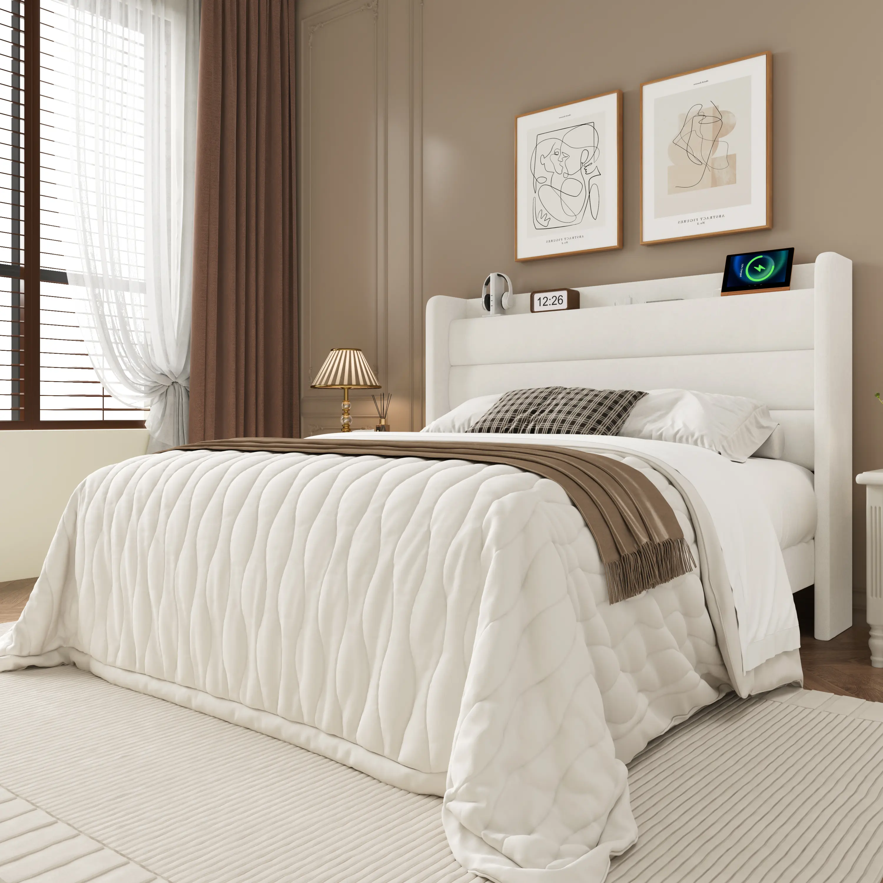 Frostbloom Bed Frame with USB & Type-C Charging Station and  Wingback Headboard